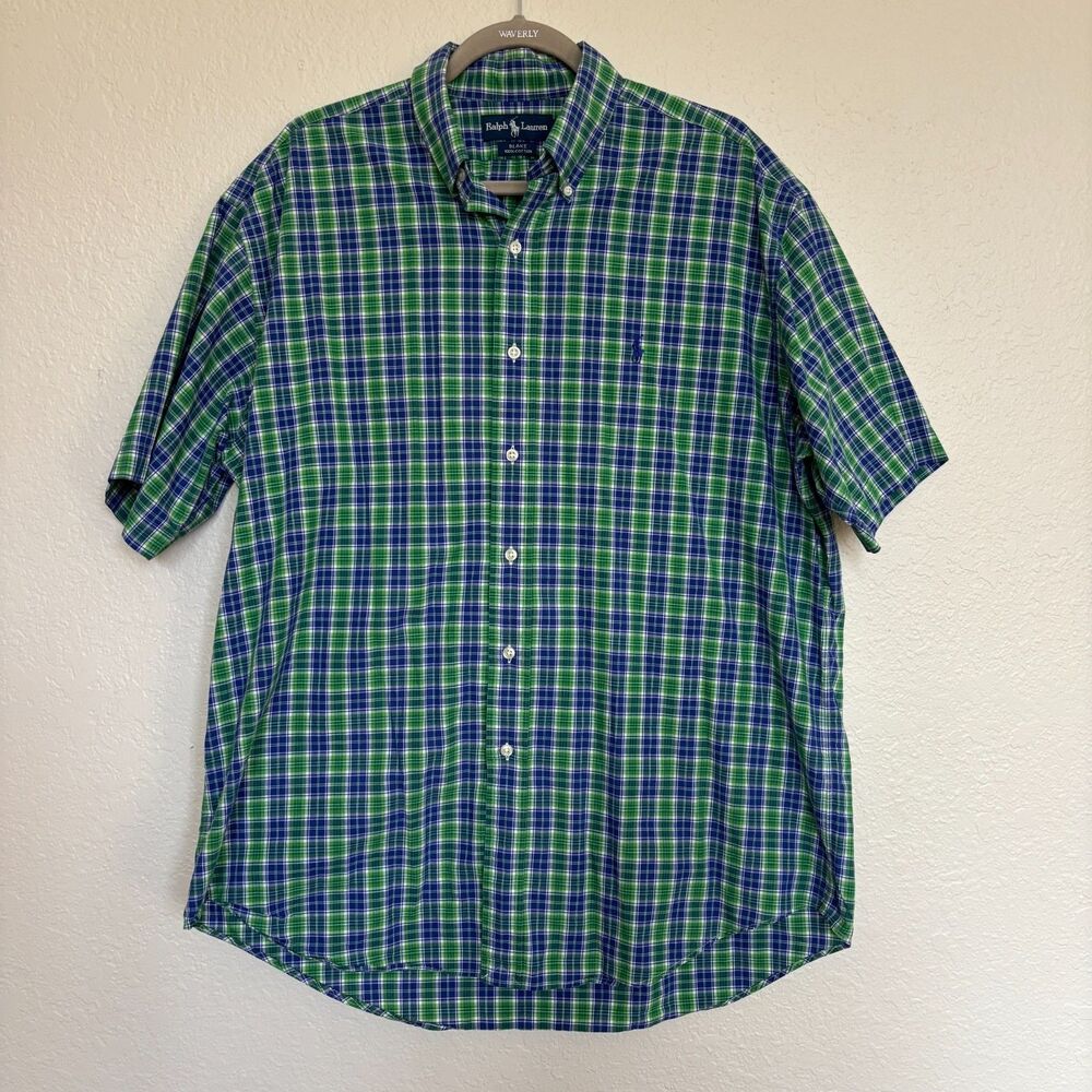 Ralph Lauren Polo Sport Shirt Mens Large Green Plaid Button Up Short Sleeve Pony